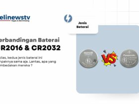 Baterai CR2016 dan CR2032 dari brand yang berbeda di kanan dengan teks deskripsi di kiri