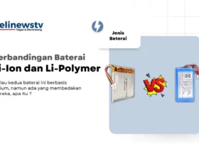 Baterai Lithium Ion dan lithium polymer di kanan dengan teks judul dan deskripsi di kiri