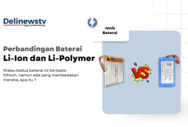 Baterai Lithium Ion dan lithium polymer di kanan dengan teks judul dan deskripsi di kiri