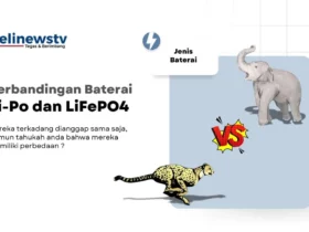 Di kanan, gambar gajah sebagai analogi Lifepo4 dan citah sebagai analogi Li-Po. Di kiri, Teks judul dan deskripsi artikel