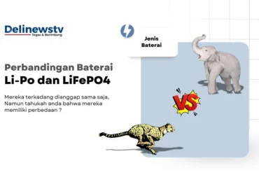 Di kanan, gambar gajah sebagai analogi Lifepo4 dan citah sebagai analogi Li-Po. Di kiri, Teks judul dan deskripsi artikel