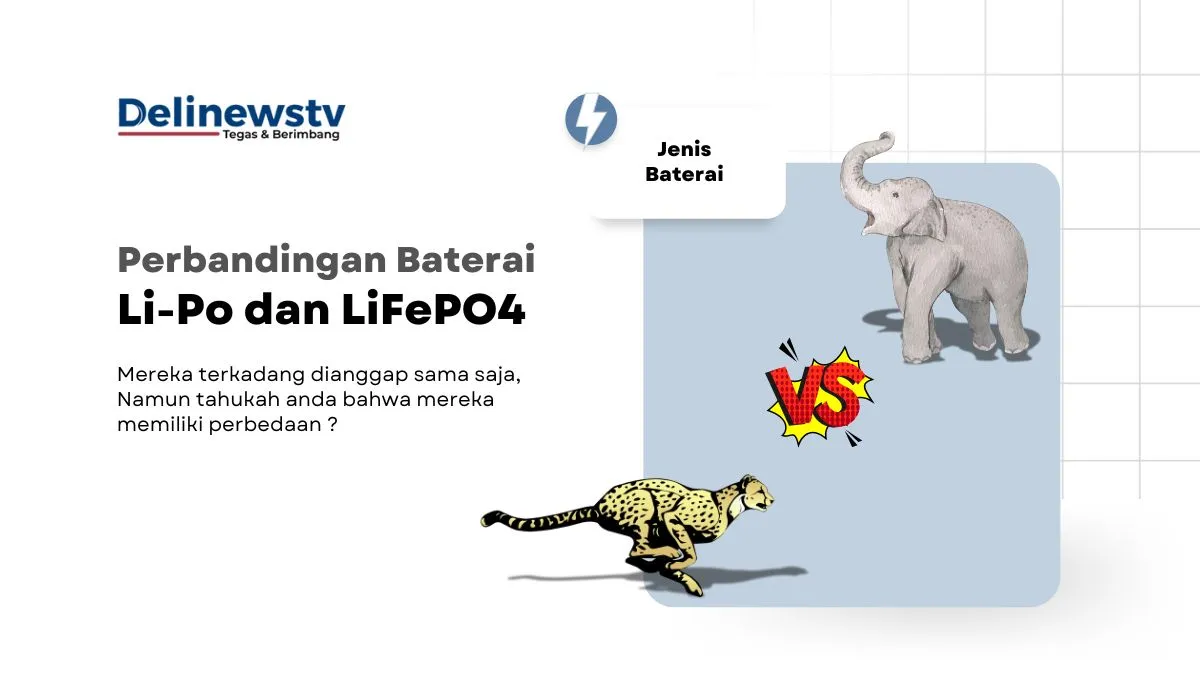 Di kanan, gambar gajah sebagai analogi Lifepo4 dan citah sebagai analogi Li-Po. Di kiri, Teks judul dan deskripsi artikel