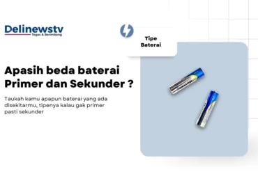 In the center of the image, there is a large, rectangular white box with a blue border. Inside this box, there are two batteries lying on their sides. The batteries are silver with black and blue accents, and they appear to be new or unused. Above the batteries, there is text in Indonesian that reads, "Apa saja baterai Primer dan Sekunder?" This translates to "What are the types of primary and secondary batteries?"