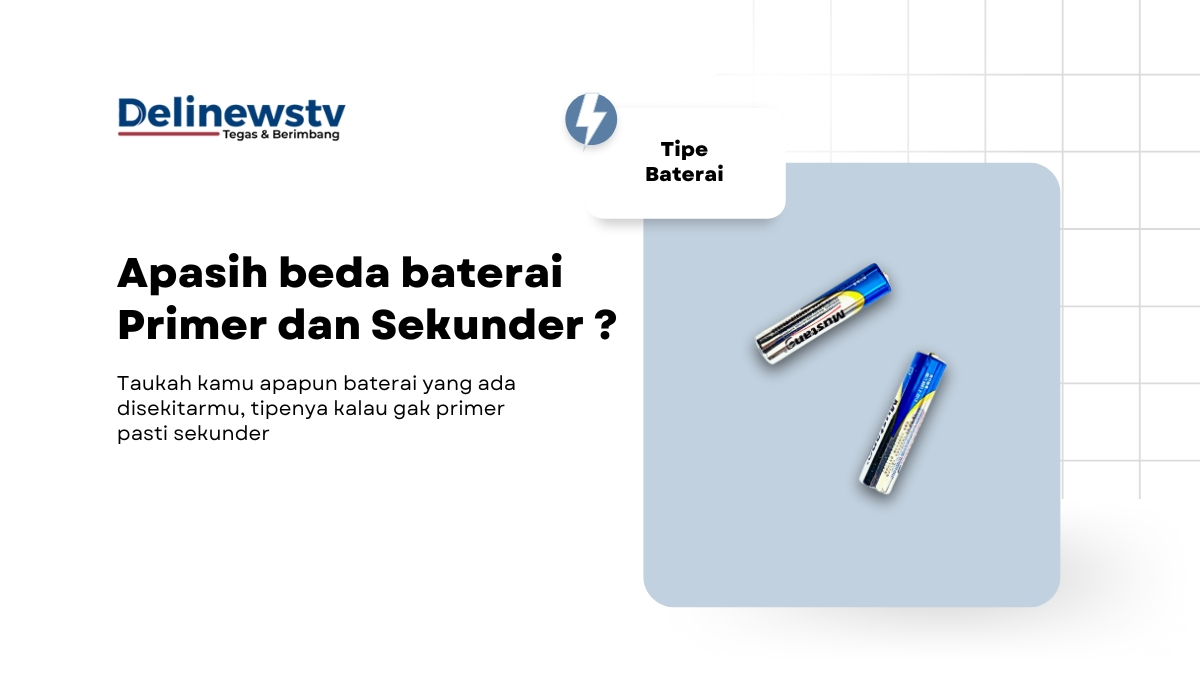 In the center of the image, there is a large, rectangular white box with a blue border. Inside this box, there are two batteries lying on their sides. The batteries are silver with black and blue accents, and they appear to be new or unused. Above the batteries, there is text in Indonesian that reads, "Apa saja baterai Primer dan Sekunder?" This translates to "What are the types of primary and secondary batteries?"