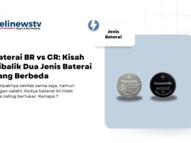 Baterai CR2032 dan BR2032 dalam kotak berlatar biru muda. Teks judul di sebelah kiri bertuliskan "Baterai BR vs CR: Kisah Dibalik Dua Jenis Baterai yang Berbeda"