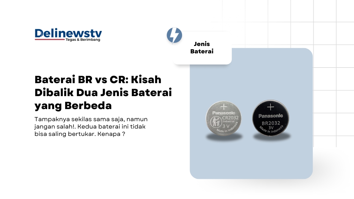 Baterai CR2032 dan BR2032 dalam kotak berlatar biru muda. Teks judul di sebelah kiri bertuliskan "Baterai BR vs CR: Kisah Dibalik Dua Jenis Baterai yang Berbeda"