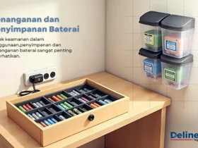 Ilustrasi gambar laci yang berisikan berbagai jenis dan ukuran baterai berada di atas meja kayu. Di sebelah kanan ada kotak penyimpanan baterai dengan jumlah 4 buah untuk ukuran baterai sedang dan besar
