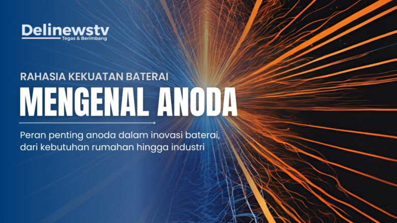 ilustrasi anoda, dengan titik gelap di tengah (Anoda) dengan garis-garis biru terang yang melesat seperti kembang api, yang melambangkan energi.