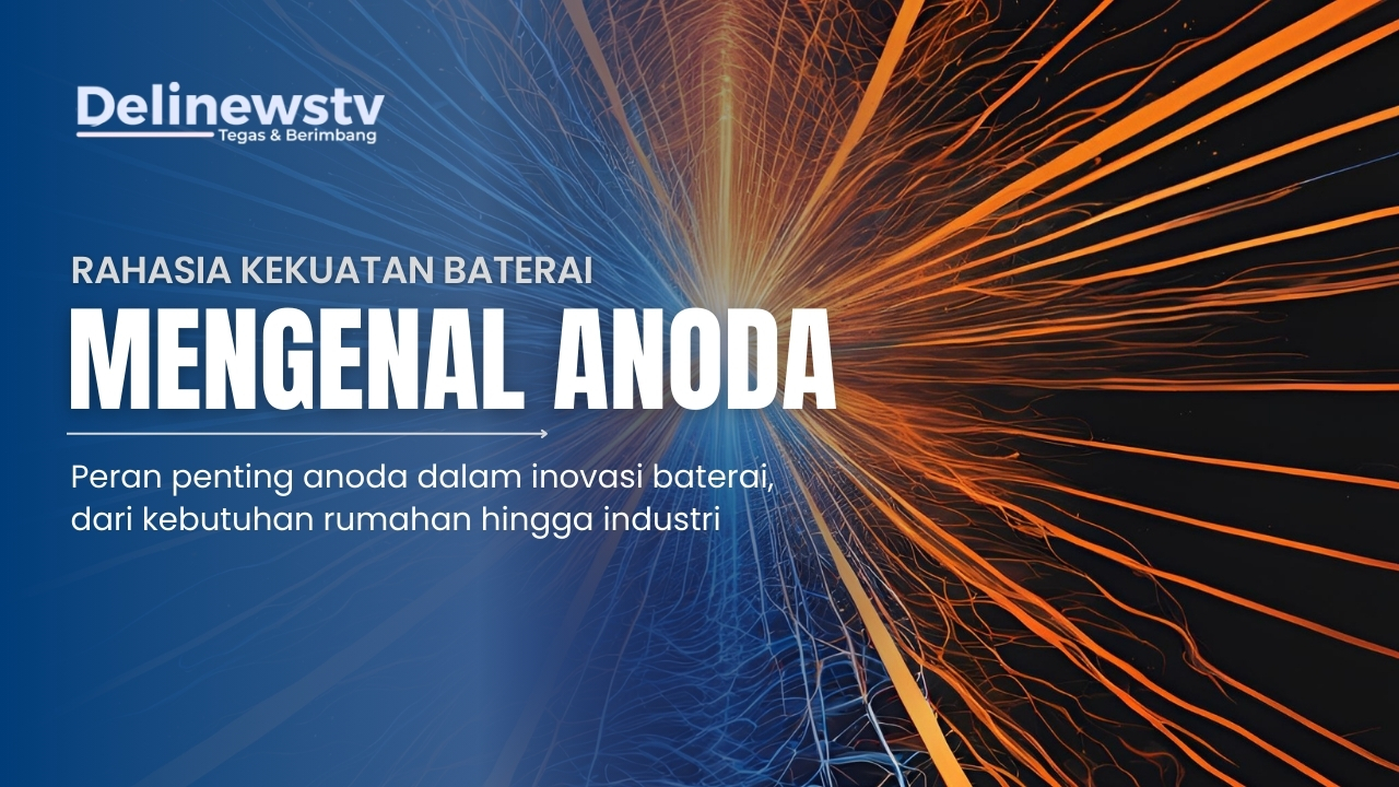 ilustrasi anoda, dengan titik gelap di tengah (Anoda) dengan garis-garis biru terang yang melesat seperti kembang api, yang melambangkan energi.