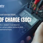 Bagan visualisasi proses pengukuran State of Charge (SoC) pada baterai. Menunjukkan pengukuran tegangan, perhitungan arus, pengukuran impedansi, dan penggunaan algoritma Kalman untuk estimasi SoC yang akurat.