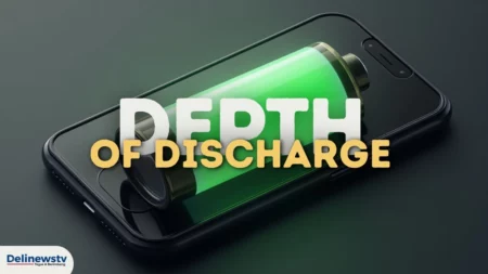 Ponsel pintar menampilkan ikon baterai besar berwarna hijau, melambangkan kedalaman pengosongan baterai dalam metrik kinerja baterai.