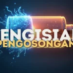 Baterai yang menyala setengah biru dan setengah oranye, melambangkan siklus pengisian-pengosongan dalam kinerja baterai.