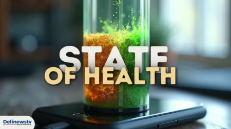 Close-up gradien cairan berwarna-warni dalam tabung kaca di atas telepon pintar, melambangkan status kesehatan baterai (SOH)