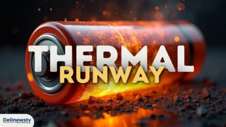 Tampilan dekat baterai yang terlalu panas dan bersinar dengan percikan api, yang menggambarkan pelarian termal dalam baterai.